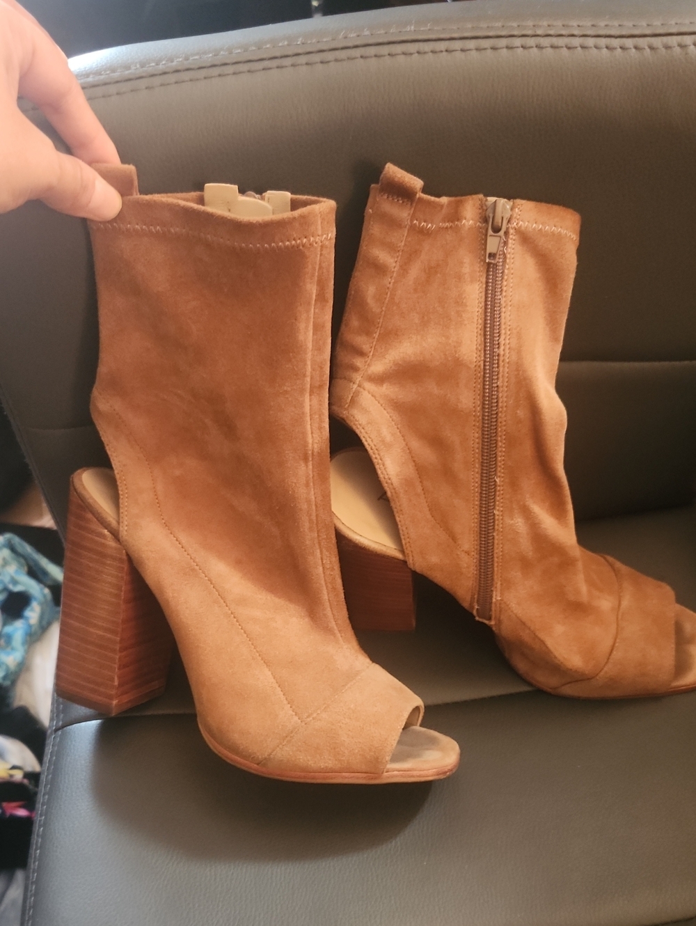 Aldo Cognac Suede Peep-Toe Block Heel Ankle Boots